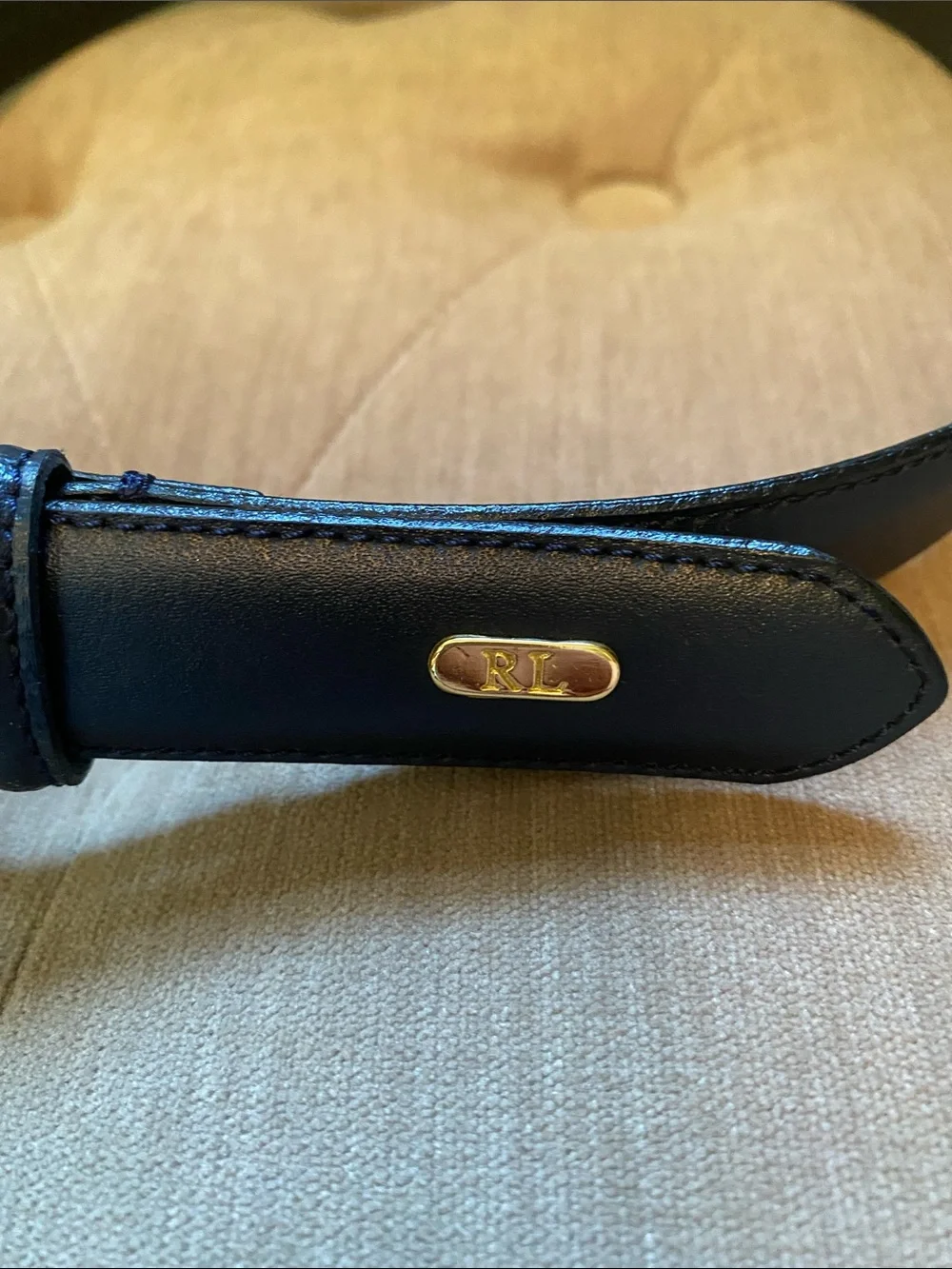 Ralph Lauren Navy Leather Belt with Gold Accent